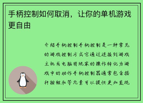 手柄控制如何取消，让你的单机游戏更自由