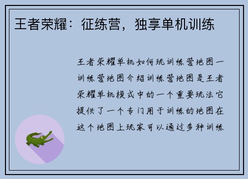 王者荣耀：征练营，独享单机训练