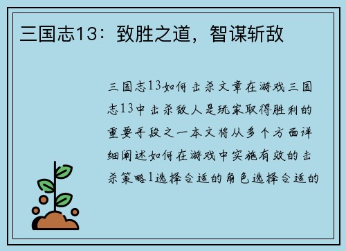 三国志13：致胜之道，智谋斩敌